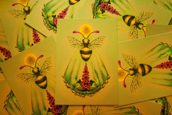 Collection of Gold Fantasy Honey Bee Art Postcards showing details of the four elements of nature: fire air water and earth