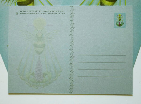 Back of Silver Pearlescent Fantasy Honey Bee Art Postcard showing message space and title Sacro Nectare by Imogen Smid