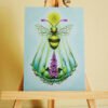 Silver Pearlescent Art Postcard of Fantasy Honey Bee with Sun Disc, Sun Beams and Foxglove Plant (Digitalis) sitting on easel