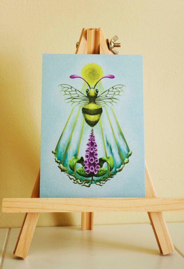 Silver Pearlescent Art Postcard of Fantasy Honey Bee with Sun Disc, Sun Beams and Foxglove Plant (Digitalis) sitting on easel