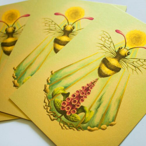 Three Gold Pearlescent Art Postcards of Fantasy Honey Bee with Sun Disc, Sun Beams and Foxglove Plant (Digitalis)