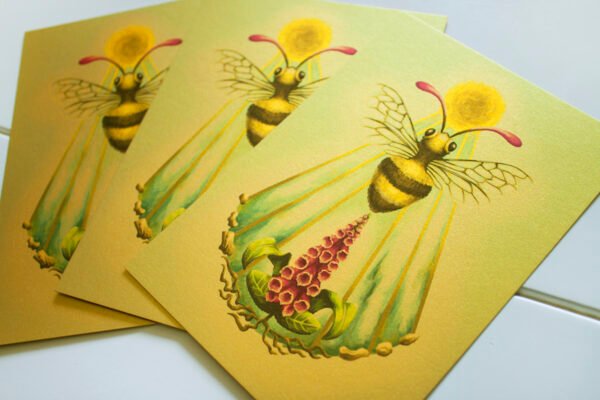 Three Gold Pearlescent Art Postcards of Fantasy Honey Bee with Sun Disc, Sun Beams and Foxglove Plant (Digitalis)