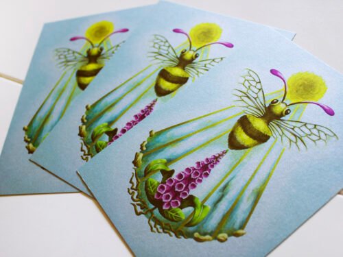 Three Silver Pearlescent Art Postcards of Fantasy Honey Bee with Sun Disc, Sun Beams and Foxglove Plant (Digitalis)