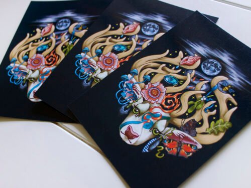 Three Full Colour Stag’s Head Art Postcards with Details of the Four Elements of Nature Earth Air Fire and Water