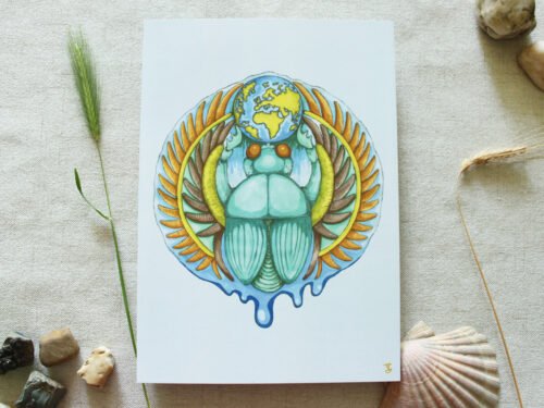 Signed A4 Digital Print of Drawing “Earth Diver Beetle” and nature collected photo props: stones, scallop shell and grasses