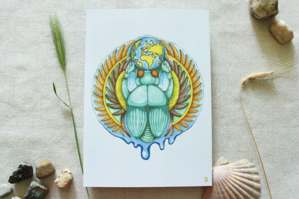 Signed A4 Digital Print of Drawing “Earth Diver Beetle” and nature collected photo props: stones, scallop shell and grasses