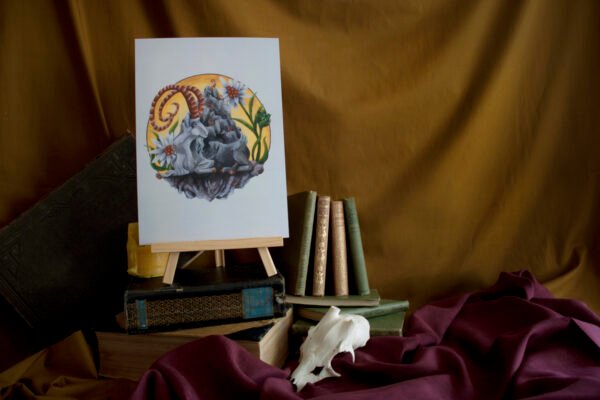 Acrylic Painting Mountain Goat Elder Art Print in Ancient Study Setting with old books, candle, textile and animal skull