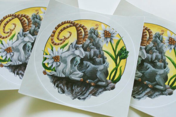 Close up of Round Sticker of Illustration “Mountain Goat Elder” Gift for goat lover or Capricorn zodiac astrological sign