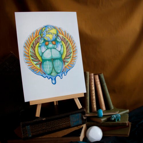 Ecoline Painting Earth Diver Beetle Art Print in Ancient Study Setting with old books, Egyptian scarab and hippo photo props