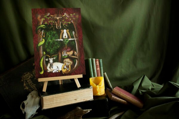Ecoline and Indian Ink Painting “Horned Gods” Art Print in Ancient Study Setting with old books, candles and stag antler