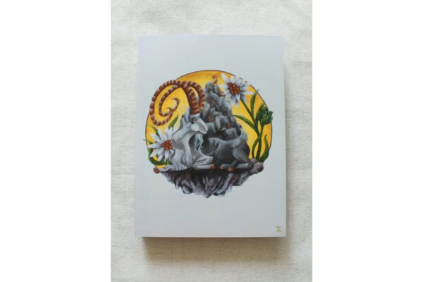 Art Print of giant Capricorn Goat surrounded by edelweiss flowers with mountain on his back where small goats are playing