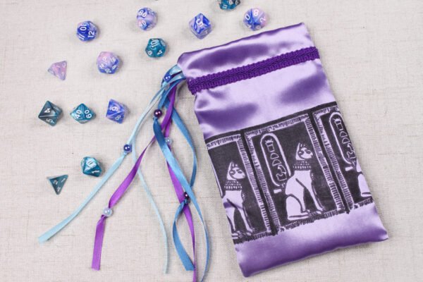 Love Goddess of Egypt Pouch with polyhedron dice, good to use as dice bag and also as tarot card bag, runes bag or spell bag