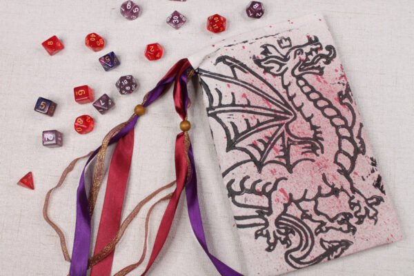 Red Spray Heraldic Dragon Pouch with polyhedron dice, good as dice bag and also as tarot card bag, runes bag or spell bag