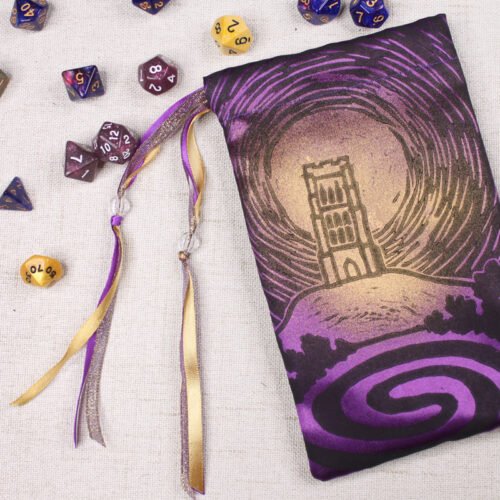 Mystical Glastonbury Tor Hill Pouch with polyhedron dice, good to use as dice bag, tarot card bag, runes bag or spell bag