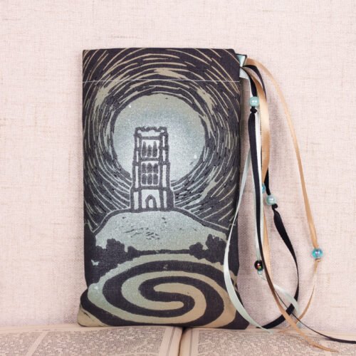Standing taupe cotton pouch with hand printed Magic Tower pattern, printed using hand carved lino stamps by Imogen Smid