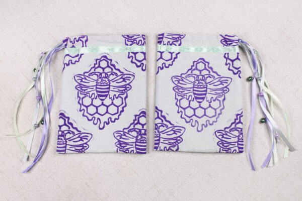 Purple coloured printing on both sides of Honey Bee bag, inspired by my love of bees and the need to bee kind to the bees