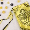 Fantasy Bee and Honeycomb Pouch with polyhedron dice, good to use as dice bag and as tarot card bag, runes bag or spell bag
