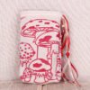 Standing cream cotton pouch with hand printed Spotted Toadstool pattern, printed using hand carved lino stamps by Imogen Smid