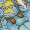 Detail of Earth Diving Beetle Bookmark showing the beetle holding the Earth Globe centred on Europe and Africa