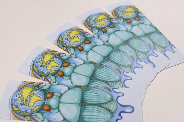 Five fanned out bookmarks showing the ecoline Painting named “Earth Diving Beetle” by artist and illustrator Imogen Smid