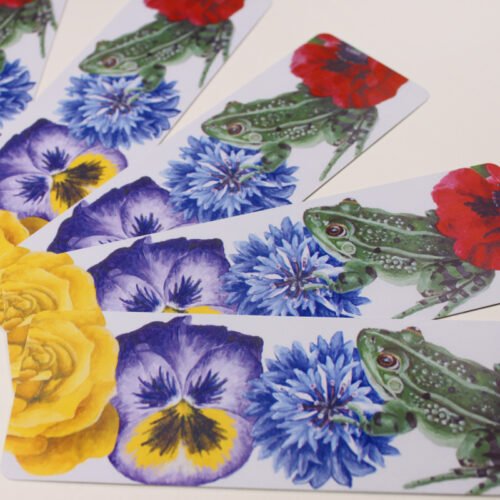 Five fanned out bookmarks showing the acrylic Painting named “Garden Collage” by artist and illustrator Imogen Smid