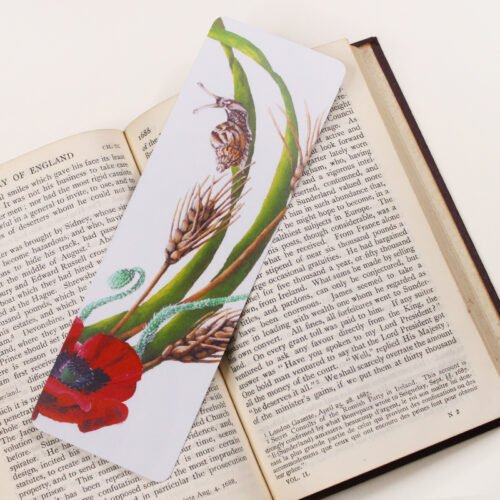 Garden Snail, Cornu aspersum, bookmark with green, red, ochre and brown colours on a black and white text page of open book