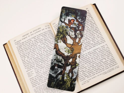 Oak tree, Quercus robur, bookmark with green, burnt sienna, black and eggshell colours on a black and white page of open book