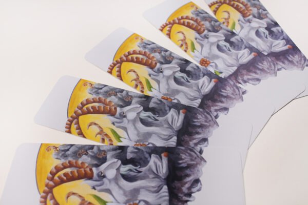 Five fanned out bookmarks showing the acrylic Painting named “Mountain Goat Elder” by artist and illustrator Imogen Smid