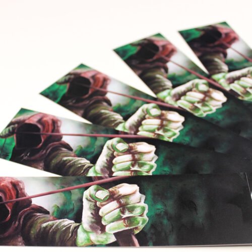 Five fanned out bookmarks showing the acylic Painting named “the Hooded Man” by artist and illustrator Imogen Smid