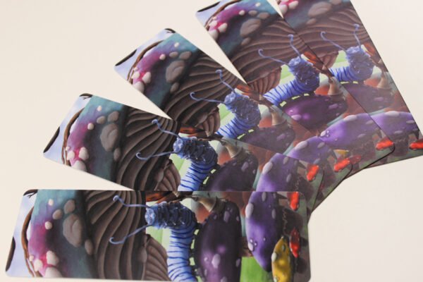Five fanned out bookmarks showing the acrylic Painting named “Wonderland Caterpillar” by artist and illustrator Imogen Smid