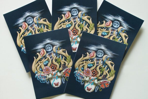 Five card set of Magical Four Elements Stag Portrait Postcard, suitable as birthday card or just to send a loving message