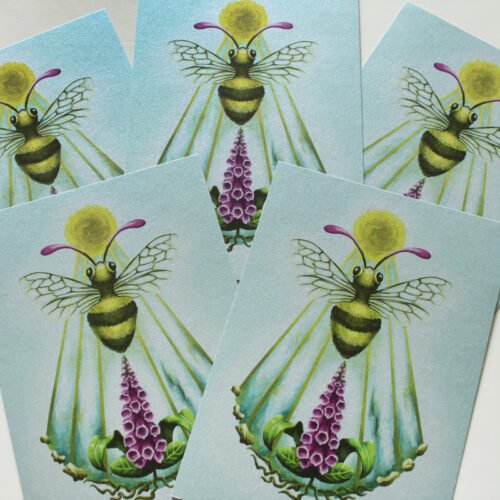 Five card set of Silver Honey Bee Sacro Nectare Postcard, suitable as spring card, birthday card, birth card etc.