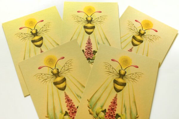 Five card set of Gold Honey Bee Sacro Nectare Postcard, suitable as spring card, birthday card, birth card etc.