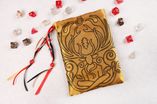 Celtic Cernunnos Pouch with polyhedron dice, good to use as dice bag and also as tarot card bag, runes bag or spell bag