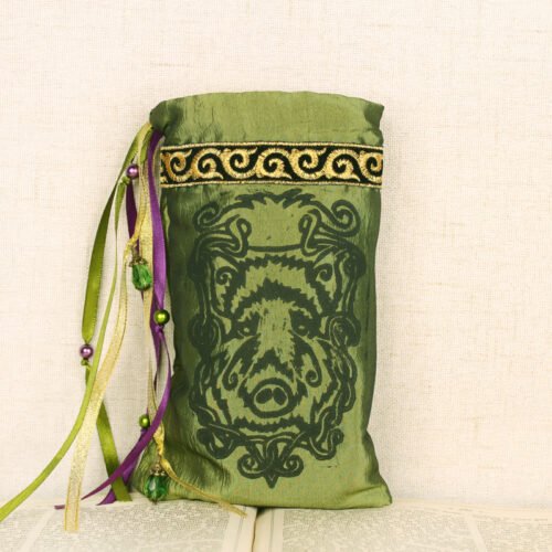 Standing green taffeta pouch with hand printed Gullinbursti pattern, printed using a hand carved lino stamp by Imogen Smid