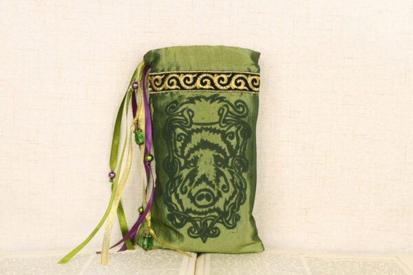 Standing green taffeta pouch with hand printed Gullinbursti pattern, printed using a hand carved lino stamp by Imogen Smid