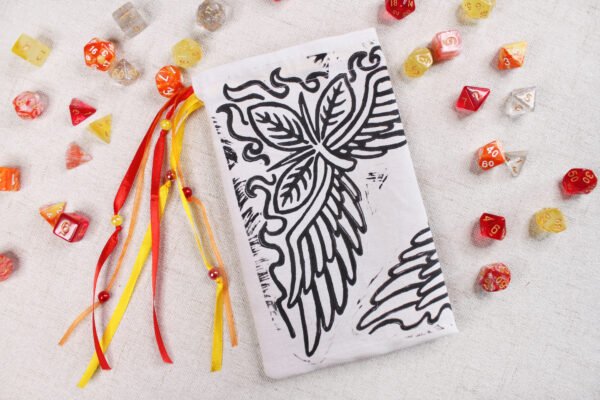 Spiky Fire Myrrh Plant Pouch with polyhedron dice, good to use as dice bag and as tarot card bag, runes bag or spell bag