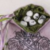 Purple taffeta pentagram pouch with moss green poly-satin lining, white rune stones that spell Imogen are in the pouch