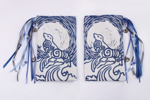 Navy coloured printing on both sides of Selkie bag, inspired by Scottish Irish mythological seal creature alike to mermaids