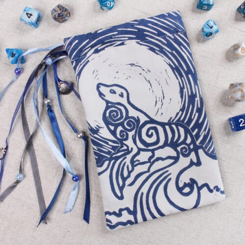 Celtic Sealion Selkie Pouch with polyhedron dice, good to use as dice bag and also as tarot card bag, runes bag or spell bag