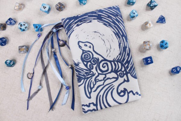 Celtic Sealion Selkie Pouch with polyhedron dice, good to use as dice bag and also as tarot card bag, runes bag or spell bag