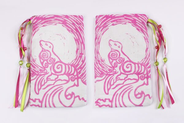 Pink coloured printing on both sides of Selkie bag, inspired by Scottish Irish mythological seal creature alike to mermaids