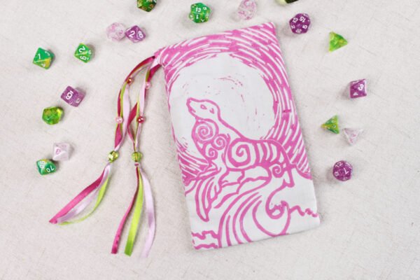 Celtic Sealion Selkie Pouch with polyhedron dice, good to use as dice bag and also as tarot card bag, runes bag or spell bag