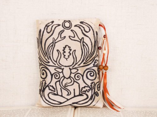 Standing cream taffeta pouch with hand printed Cernunnos oak pattern, printed using hand carved lino stamps by Imogen Smid