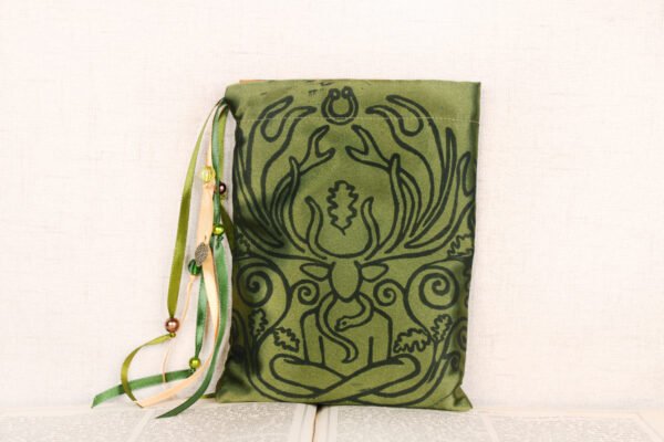 Standing green poly-satin pouch with hand printed Cernunnos oak pattern, printed using hand carved lino stamps by Imogen Smid