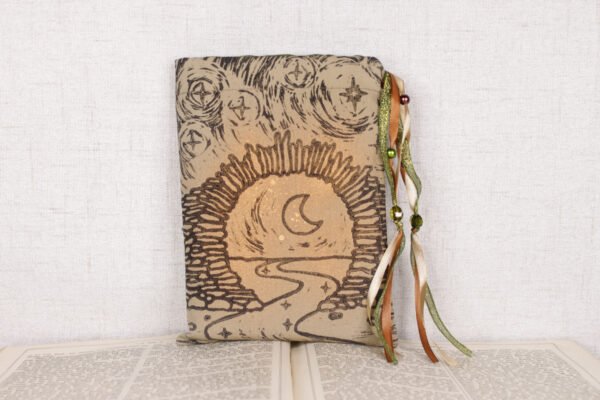 Standing taupe copper cotton pouch with hand printed Moon Gate pattern, printed using a hand carved lino stamp by Imogen Smid