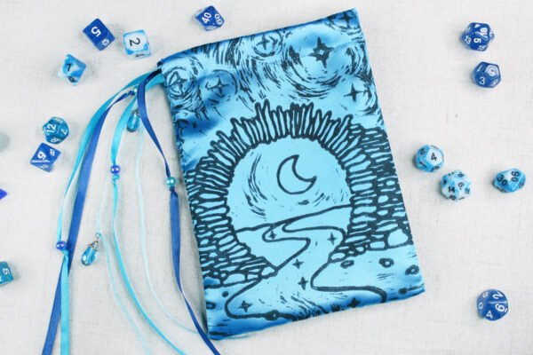 Asian Happiness Symbol Pouch with polyhedron dice, good to use as dice bag and also as tarot card bag, runes bag or spell bag