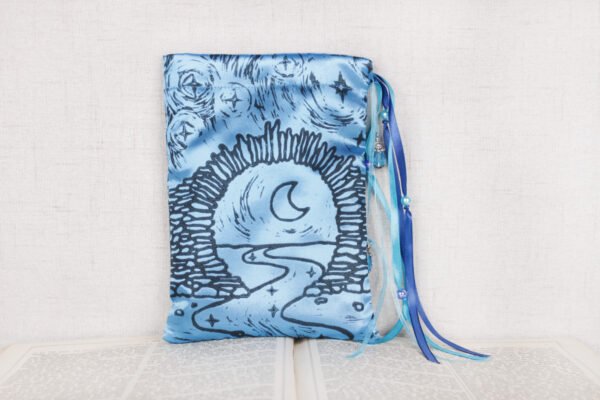 Standing turquoise poly-satin pouch with hand printed Moon Gate pattern, printed using hand carved lino stamp by Imogen Smid