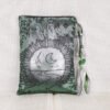 Standing green silver poly-satin pouch with Moon Gate pattern, it hand printed with a hand carved lino stamp by Imogen Smid