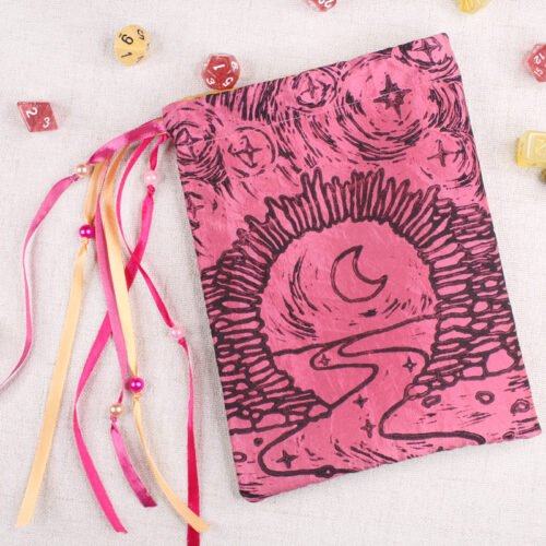 Asian Happiness Symbol Pouch with polyhedron dice, good to use as dice bag and also as tarot card bag, runes bag or spell bag